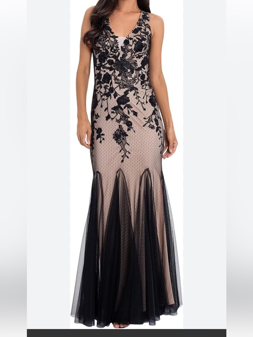 Adam Black Floral Lace & Nude Tulle Maxi mermaid dress Sz XS